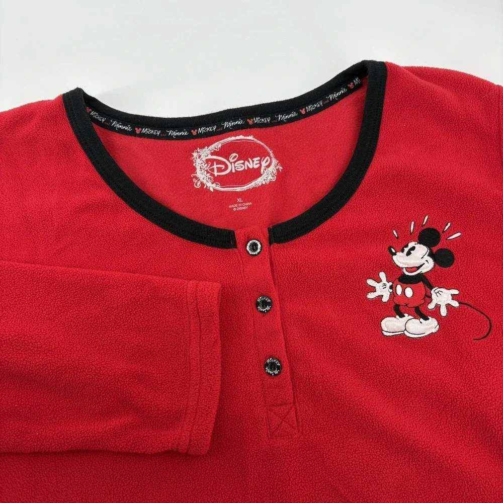 Disney Mickey Mouse Sleepwear Velvet‎ Velour Top Size XL Red Buttons Long Sleeve